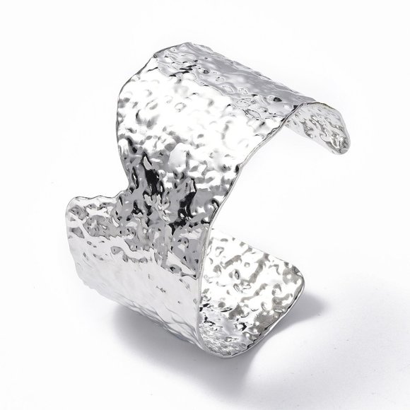 Hammered silver brutalist wide cuff bangle bracelet in Stainless Steel Statement - Picture 3 of 3
